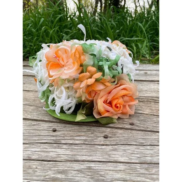 Vintage 1960s Millinery Flower Bucket Hat Peach and Green